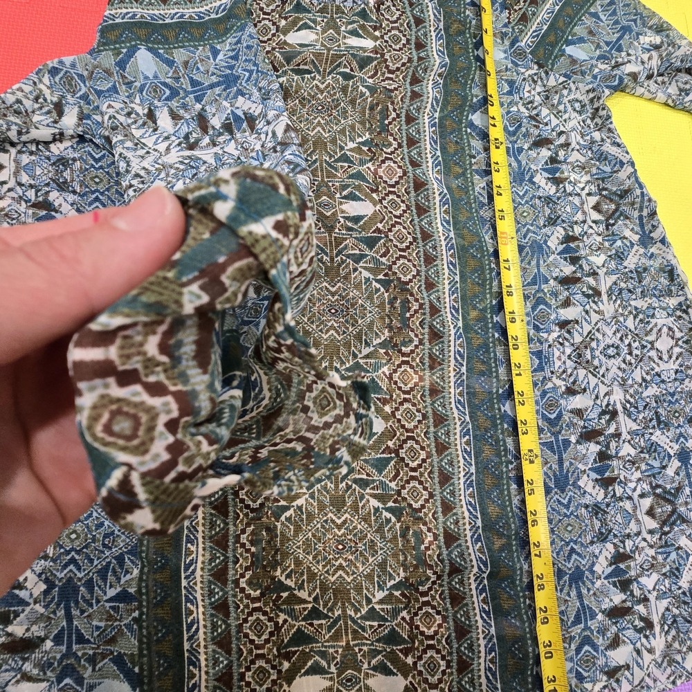 One World Women XL Top Blue Green Geometric Print V-Neck Sheer Boho Peasant... - Picture 5 of 9